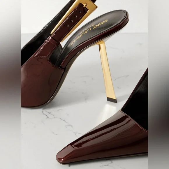 SAINT LAURENT Lee embellished patent-leather slingback pumps Color: Burgundy - Picture 4 of 13